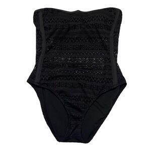 Cleanwater Black Lace Overlay Strapless One Piece Elegant Resort Swimsuit XL